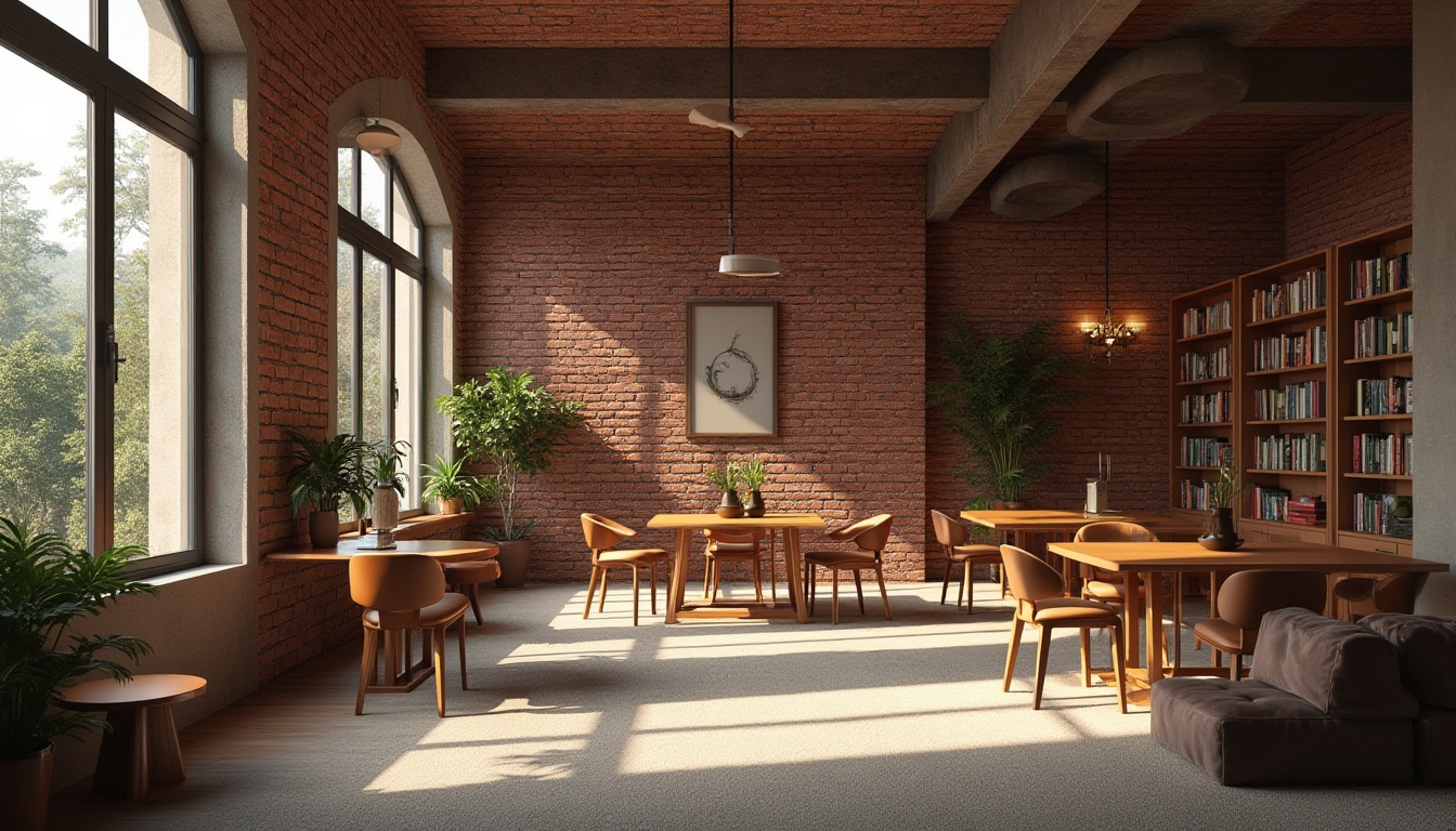 Prompt: Brick material, library interior, modern architecture, natural light, warm atmosphere, bookshelves, reading area, comfortable seating, wooden tables, leather chairs, green plants, decorative lamps, soft carpet, quiet ambiance, afternoon sunlight, soft shadows, 3/4 composition, HDR rendering.