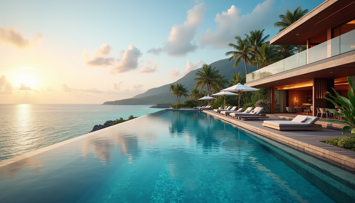 Prompt: Island, luxurious villa, infinity pool, ocean view, crystal clear water, turquoise lagoon, palm trees, tropical plants, wooden decking, modern lounge chairs, umbrellas, poolside bar, glass railings, minimalist design, sleek lines, angular structure, reflective surface, sunset time, warm golden light, ambient atmosphere, 3/4 composition, wide-angle lens.