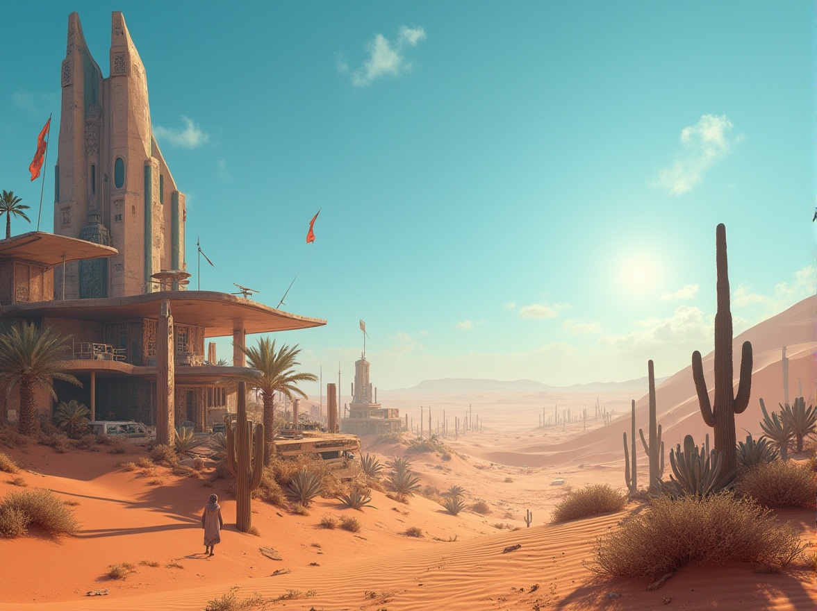 Prompt: Desert environments, vast sand dunes, endless blue skies, mirage effect, hot sun, harsh conditions, futuristic architecture, sleek metallic buildings, solar panels, wind turbines, cacti, succulents, sandstorm, Arabic-inspired decorations, intricate patterns, vibrant colors, nomadic tribes, ancient ruins, abandoned cars, mysterious artifacts, dramatic lighting, cinematic composition, 3/4 view, low-angle shot.