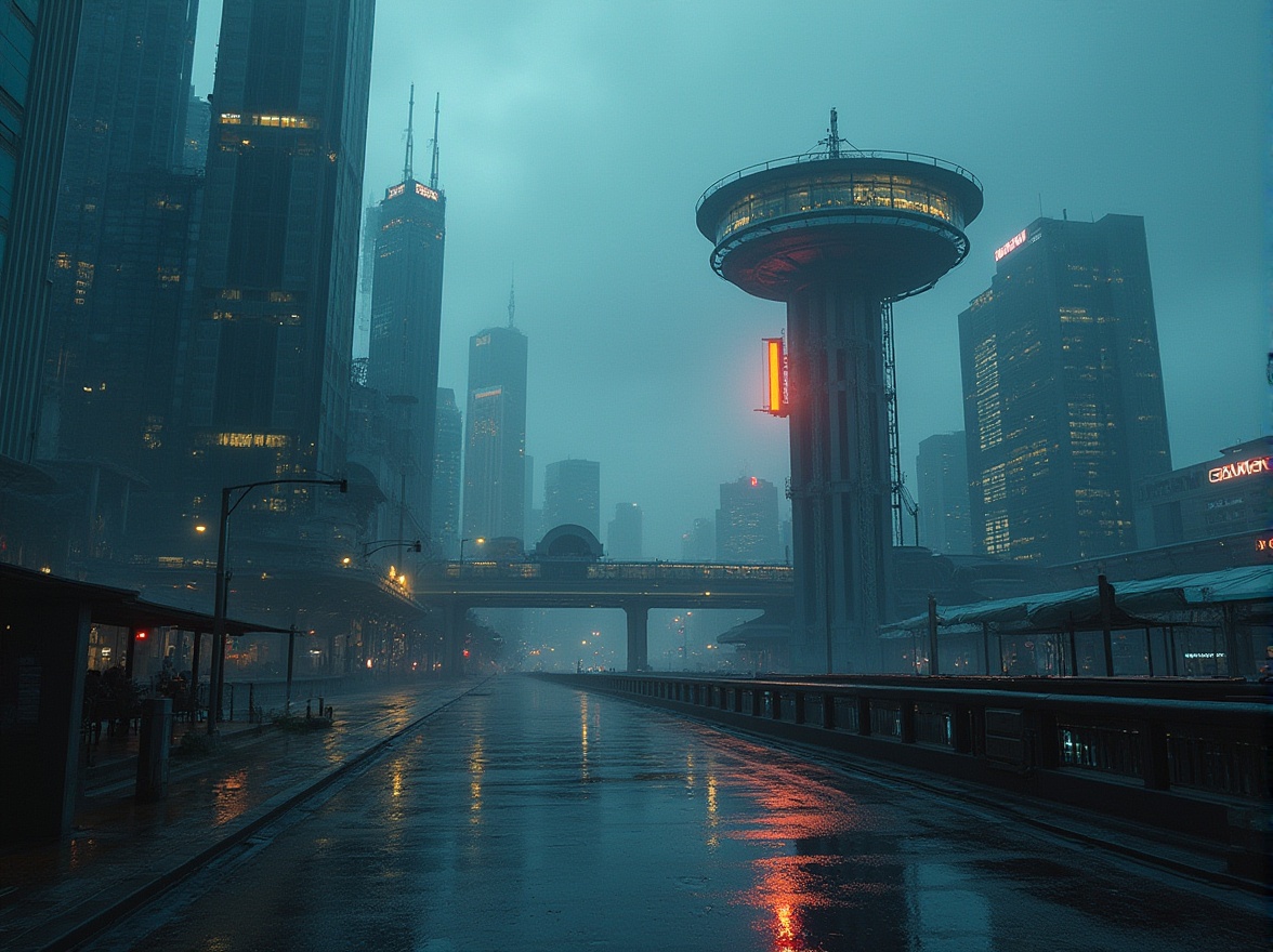 Prompt: Watching towers, futuristic architecture, sleek metal structure, glass panoramic views, 3/4 composition, low-angle shot, dramatic lighting, cityscape at dusk, skyscrapers in the distance, foggy atmosphere, misty ambiance, neon lights reflecting off the wet pavement, puddles of water, rain-soaked streets, dark alleys, mysterious shadows, cinematic mood, high-tech details, metallic surfaces, intricate mechanisms.