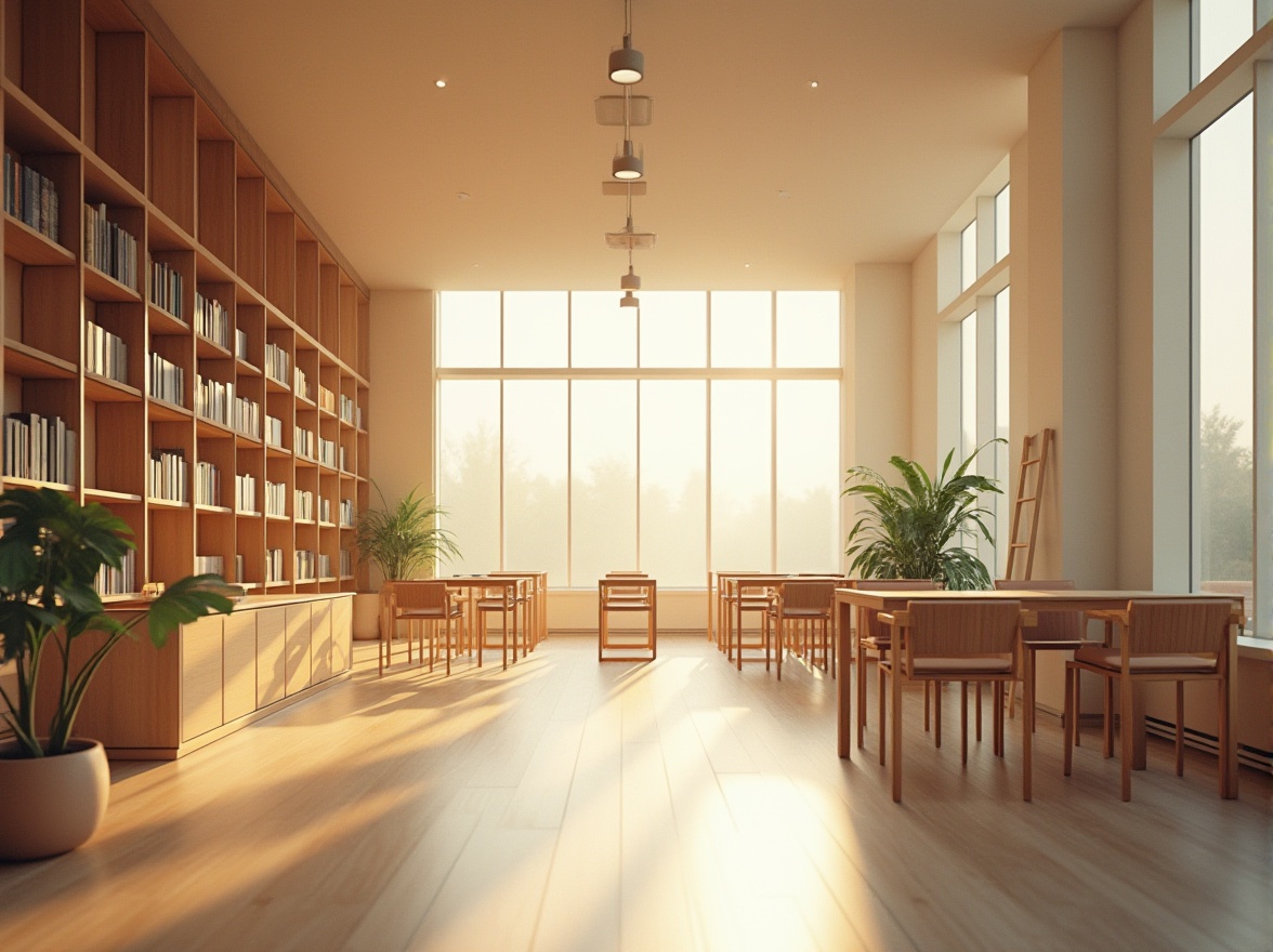 Prompt: Interior of modern minimalist library, calm atmosphere, soft natural light, wooden tables, ergonomic chairs, rows of tall bookshelves, ladder, floor-to-ceiling windows, subtle gradient background, warm beige tones, minimal decorations, few potted plants, elegant simplicity, quiet reading area, comfortable seating, warm ambient lighting, 3/4 composition, shallow depth of field.