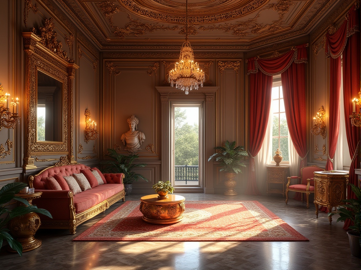 Prompt: Renaissance style, luxurious interior, ornate decorations, intricate carvings, gilded frames, velvet drapes, marble floors, grand chandeliers, lavish furnishings, classic sculptures, Renaissance-inspired patterns, rich fabrics, opulent colors, warm lighting, soft focus, 3/4 composition, elegant atmosphere, high-end materials, antique furniture, detailed textures, ornate mirrors.