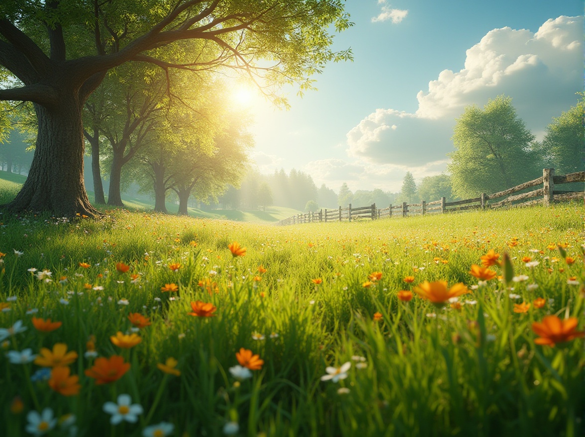 Prompt: Vibrant meadow, warm sunlight filtering through fluffy white clouds, lush green grass swaying gently in the breeze, colorful wildflowers blooming in every direction, a few tall trees with intricate branches, wooden fence in the distance, serene atmosphere, beautiful detailed background, depth of field, realistic, ambient light, cinematic composition, shallow focus, 3/4 view, warm and soft lighting.