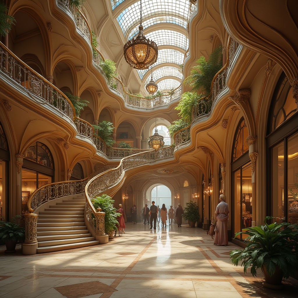 Prompt: Art Nouveau shopping center, grand staircase, bronze color accents, ornate ironwork, flowing curves, organic forms, luxurious chandeliers, marble floors, intricate mosaics, stained glass ceilings, warm soft lighting, afternoon ambiance, people walking, shopping bags, elegant clothing, accessories, 3/4 composition, depth of field, shallow focus, cinematic shot, ornate details, architectural photography.