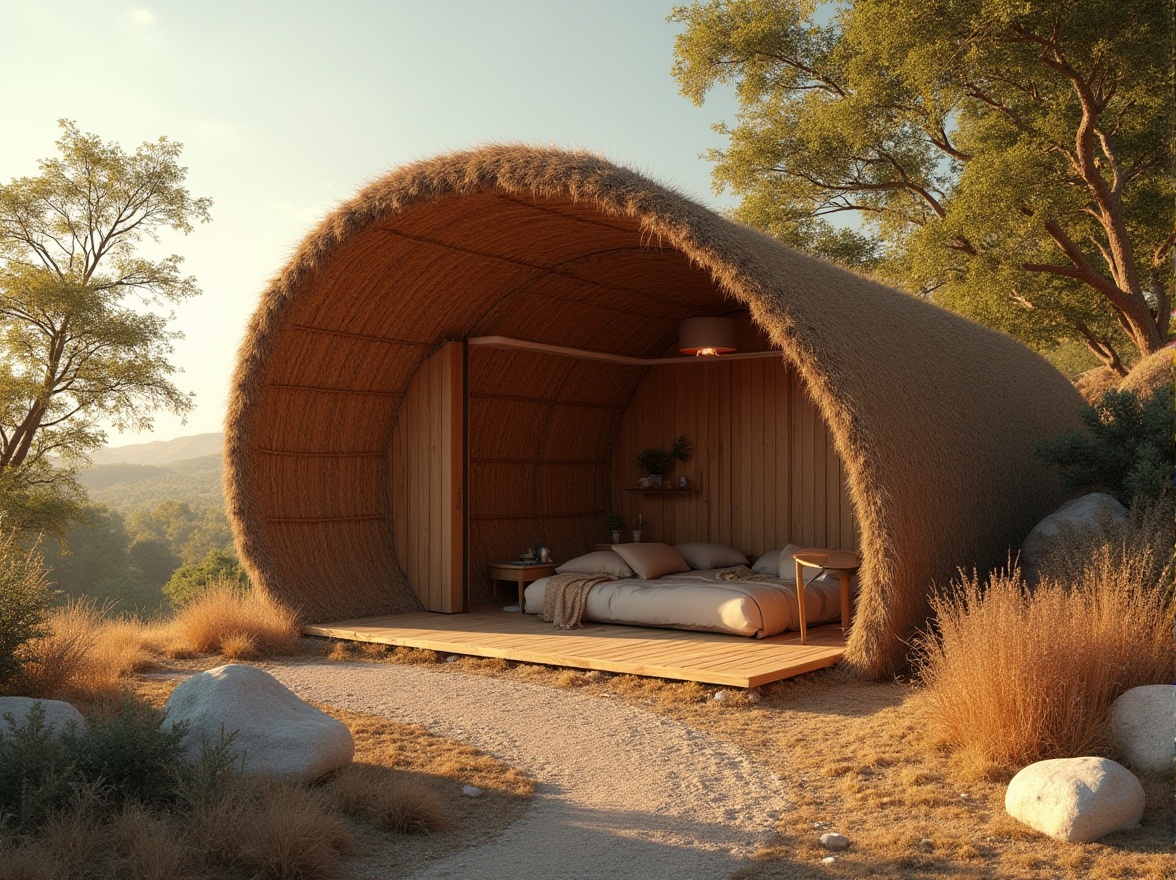 Prompt: Thatched roof, modern design, rustic charm, natural texture, earthy tone, woven straw, organic shape, curved lines, cozy atmosphere, warm lighting, wooden accents, minimalist decor, Scandinavian influence, simple composition, shallow depth of field, soft focus, morning sunlight.