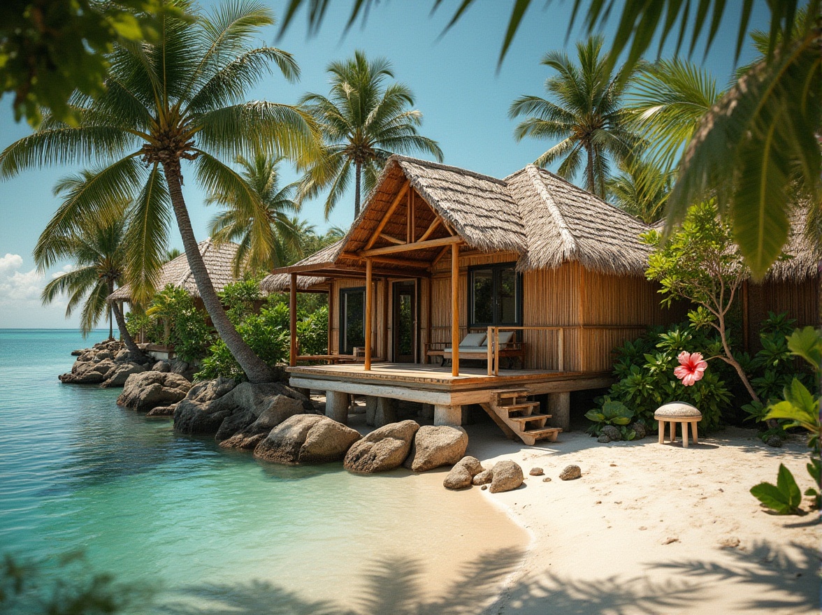 Prompt: Beachside villa, tropical island, bamboo architecture, bamboo roofing, woven bamboo walls, natural texture, earthy tone, lush greenery, palm trees, hibiscus flowers, sandy beach, crystal clear water, sunny day, warm lighting, 3/4 composition, shallow depth of field, soft focus, tranquil atmosphere.