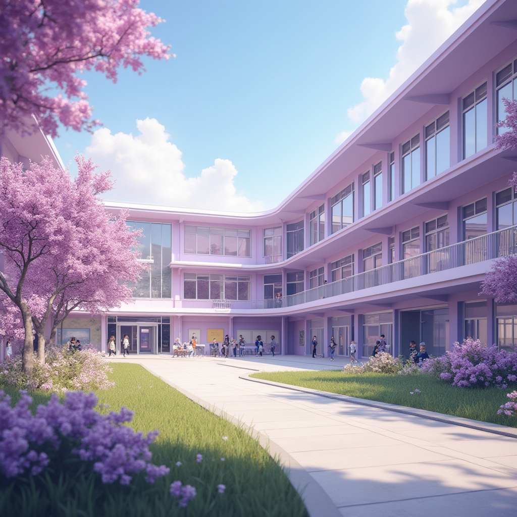 Prompt: Lilac-colored school building, modern architecture, grand entrance, curved lines, large windows, soft lilac walls, white trims, sleek roofs, vibrant lilac accents, natural light pouring in, students walking through corridors, lockers lined up, blackboards, educational decorations, blooming lilac flowers in the garden, lush green grass, sunny afternoon, gentle breeze, warm atmosphere, 3/4 composition, soft focus, natural lighting.