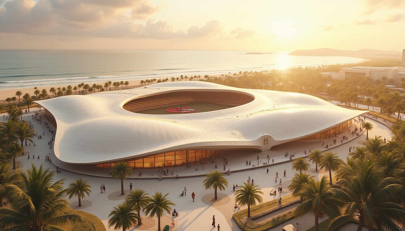 Prompt: Beach-inspired stadium design, futuristic architecture, curved lines, wave-like structure, sandy beige color, glass roof, ocean views, palm trees surrounding, tropical plants, sunset atmosphere, warm golden lighting, soft focus, shallow depth of field, symmetrical composition, central focal point, minimalistic aesthetic, modern materials, sleek textures, dynamic angles, panoramic view.