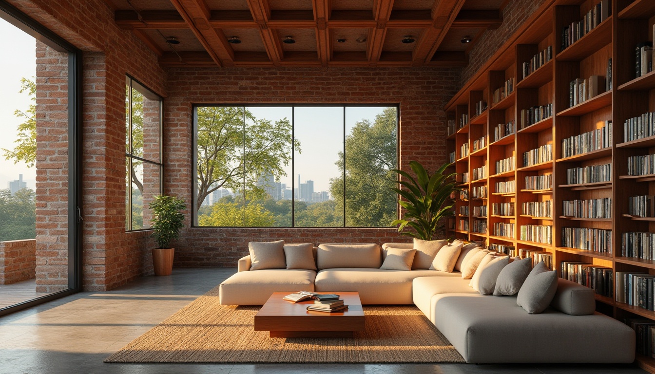 Prompt: Brick material, library design, interior scene, warm lighting, wooden shelves, books stacked vertically, comfortable reading area, soft cushions, square coffee table, modern minimalist decor, natural texture, earthy tone, industrial chic style, high ceiling, large windows, outdoor greenery view, urban landscape, cityscape background, afternoon sunlight, warm color palette, 3/4 composition, shallow depth of field, cinematic ambiance.