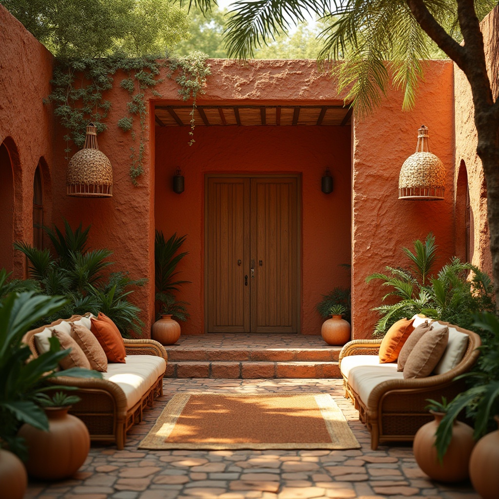 Prompt: Savanna style, warm earthy tone, fire brick color, vibrant orange-brown hue, rustic wooden door, natural stone wall, lush greenery surroundings, palm trees, wicker furniture, rattan lamp shades, cozy atmosphere, warm golden lighting, 3/4 composition, soft focus, cinematic mood, sun-drenched setting, African-inspired decor.