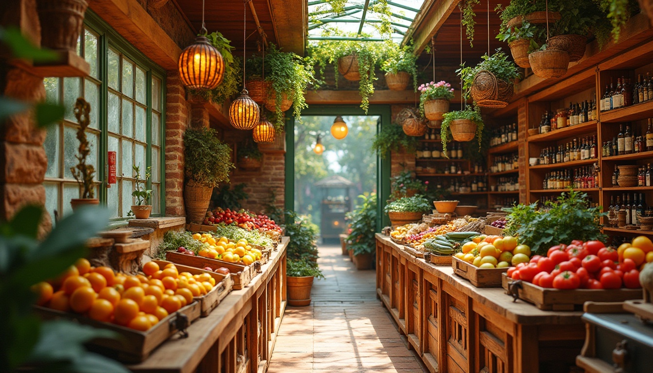 Prompt: Vibrant eclectic grocery store, warm golden color scheme, retro-style shelves, distressed wood textures, ornate metal decorations, lush greenery, hanging flower baskets, colorful fruit and vegetable displays, wooden crates, woven baskets, natural stone walls, rustic floor tiles, soft warm lighting, afternoon sunbeams, 3/4 composition, shallow depth of field, inviting atmosphere, cozy nooks.