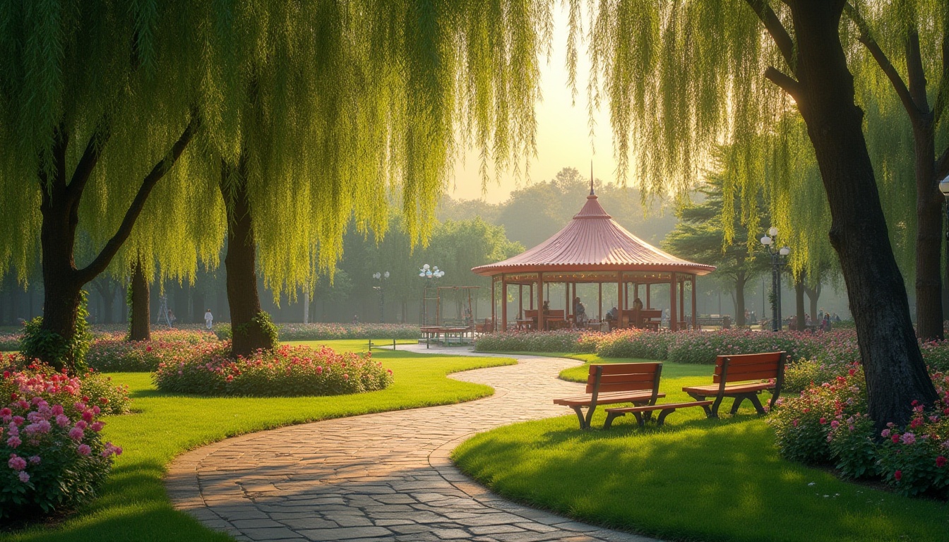 Prompt: Harmonious park environment, concert houses, serene atmosphere, lush greenery, vibrant flowers, winding stone path, benches under willow trees, soft grass lawn, children's playground, swing sets, slides, merry-go-round, street lamps, gentle lighting, warm sunset, panoramic view, 3/4 composition, depth of field, shallow focus, cinematic mood, ambient sound effects.