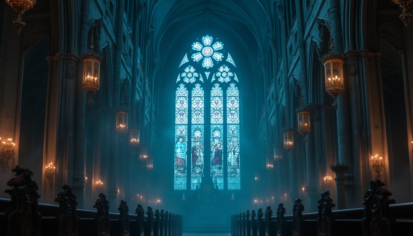 Prompt: Cerulean blue, stained glass window, Gothic architecture, grand cathedral, intricate stone carvings, golden accents, ornate chandeliers, dimly lit, soft focus, warm ambient lighting, subtle fog effect, mysterious atmosphere, sacred symbols, holy scriptures, ancient tomes, priest's robes, ornate crosses, delicate frescoes, vaulted ceiling, solemn expression, quiet contemplation, peaceful ambiance, 3/4 composition, low-angle shot.