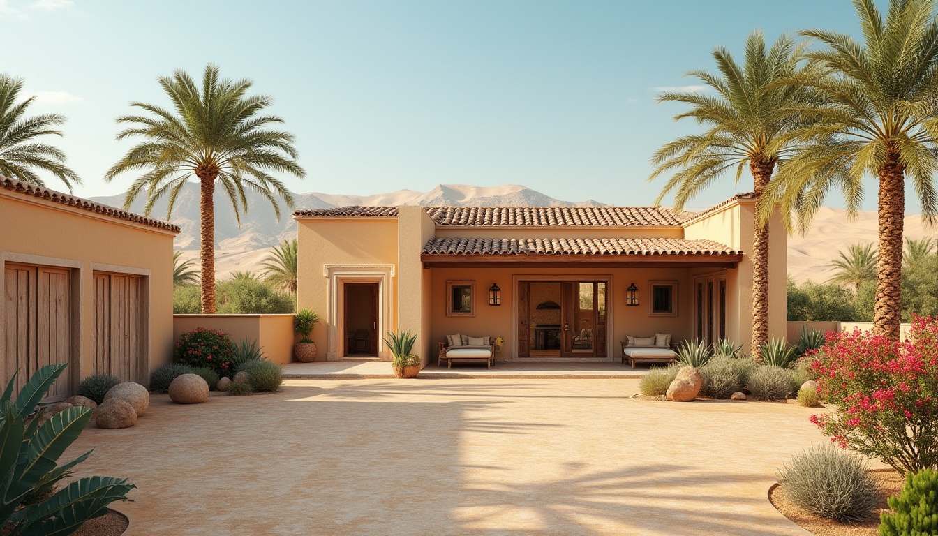 Prompt: Desert villa, Gainsboro color, warm beige walls, rustic wooden doors, cream-colored windows, Mediterranean-style roof tiles, lush green palm trees, vibrant bougainvillea flowers, arid desert landscape, vast sandy dunes, clear blue sky, soft warm lighting, 3/4 composition, shallow depth of field.