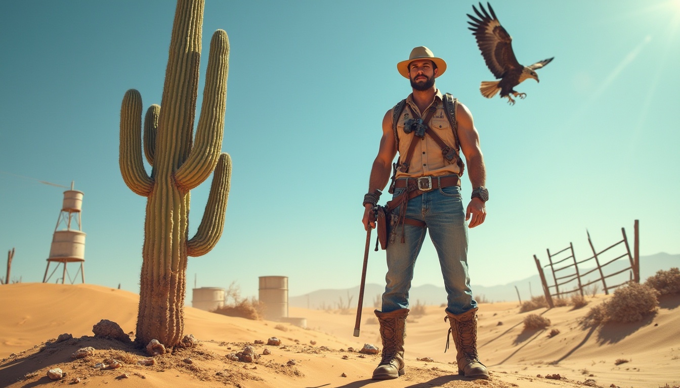 Prompt: Desert landscape, sandy dunes, vast open space, clear blue sky, hot sun beating down, a lone cactus stands tall, intricate patterns on its surface, old worn boots, leather belt, cowboy hat, rugged jeans, sleeveless shirt, muscular arms, strong facial features, intense gaze, binoculars hanging from neck, backpack full of supplies, walking stick in hand, majestic eagle soaring overhead, rocky outcroppings, abandoned oil drums, broken wooden fences, wind-swept sand ripples, warm golden lighting, high contrast, cinematic composition.