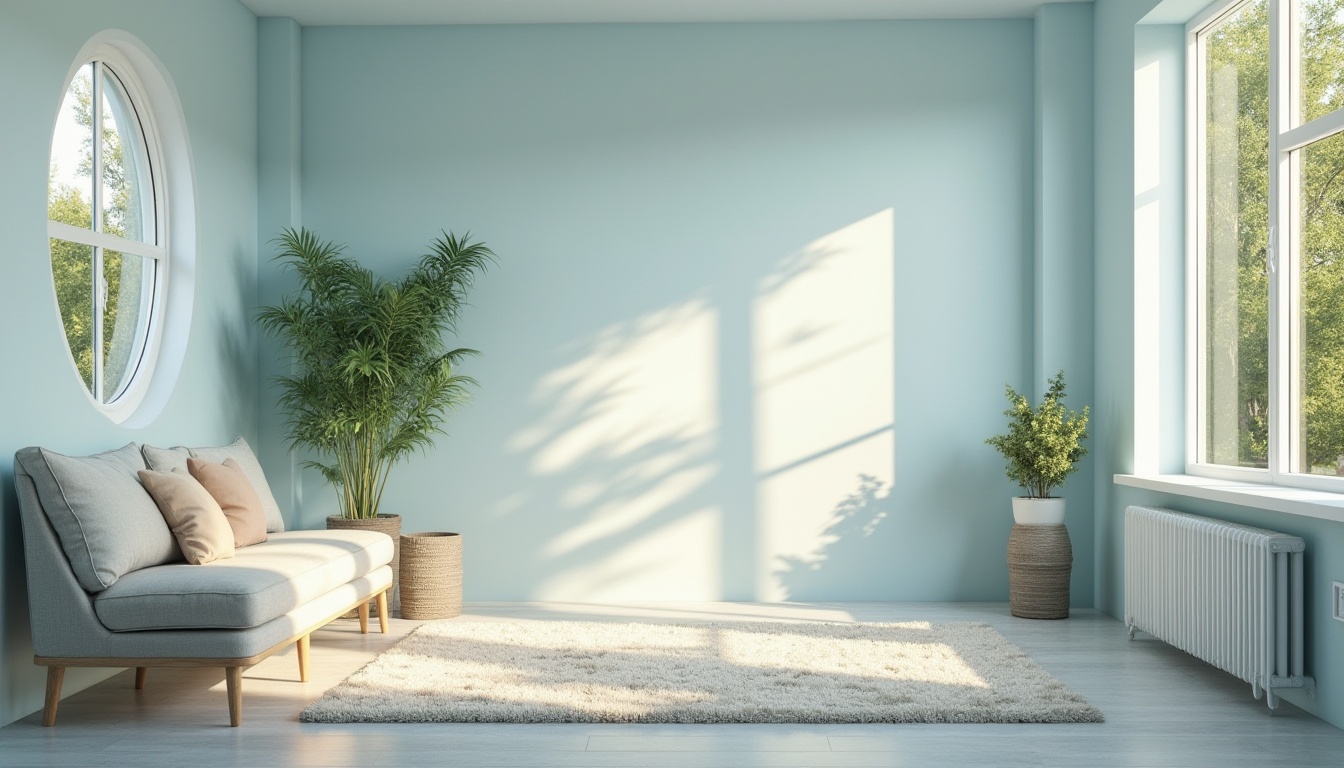 Prompt: soft light blue walls, white windows, modern minimalist villa, spacious interior, comfortable couch, fluffy carpet, decorative plants, natural lighting, calm atmosphere, afternoon sunbeams, gentle shadows, serene residential area, tranquil neighborhood, peaceful community, warm ambient lighting, soft focus, cinematic composition.