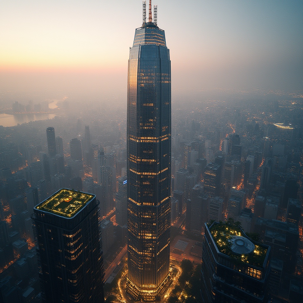 Prompt: Skyscraper, modern architecture, luxurious tower, grandeur, majestic, cityscape, metropolitan, urban landscape, panoramic view, bird's eye view, evening scene, warm golden lighting, dramatic shadows, glass and steel structure, sleek lines, minimalist design, rooftop garden, greenery, futuristic feel, high-angle shot, cinematic composition, 3/4 perspective, low-key lighting, misty atmosphere.