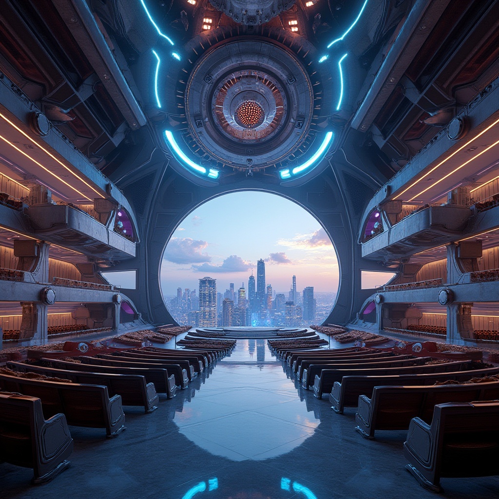 Prompt: Futuristic auditorium, fusion architecture, grandiose interior, majestic high ceilings, intricate geometric patterns, holographic lighting displays, levitating stairs, spherical chandeliers, metallic walls with LED strips, polished marble floors, avant-garde seating design, panoramic cityscape view, twilight atmosphere, cinematic composition, 3/4 shot, symmetrical framing, softbox lighting, depth of field, HDR, futuristic ambiance.