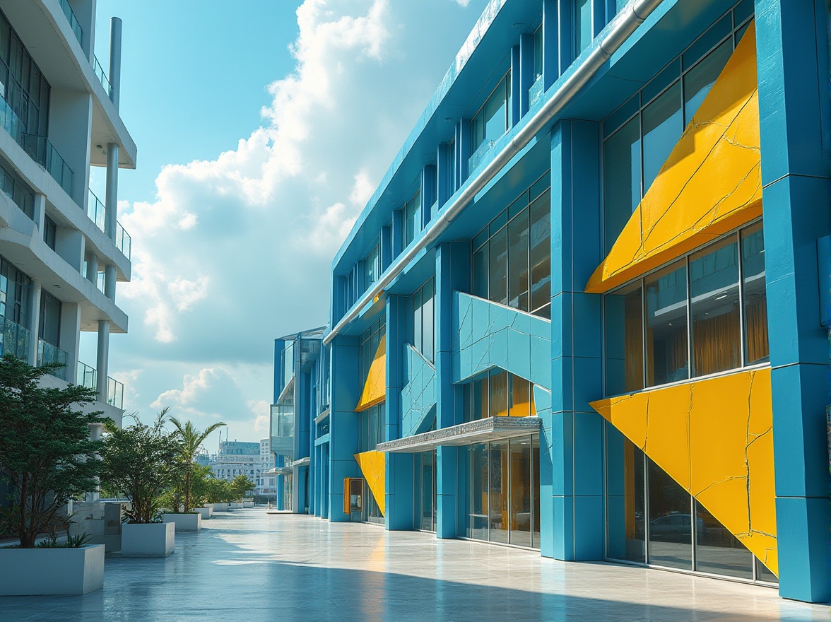 Prompt: Modern architectural building, futuristic design, vibrant colors, bright blue walls, yellow accents, sleek silver lines, glass windows, minimalist interior, urban cityscape, daytime, sunny weather, soft natural light, shallow depth of field, cinematic composition, 3/4 view angle, dramatic shadows, detailed textures, geometric shapes, bold color blocking, abstract patterns.