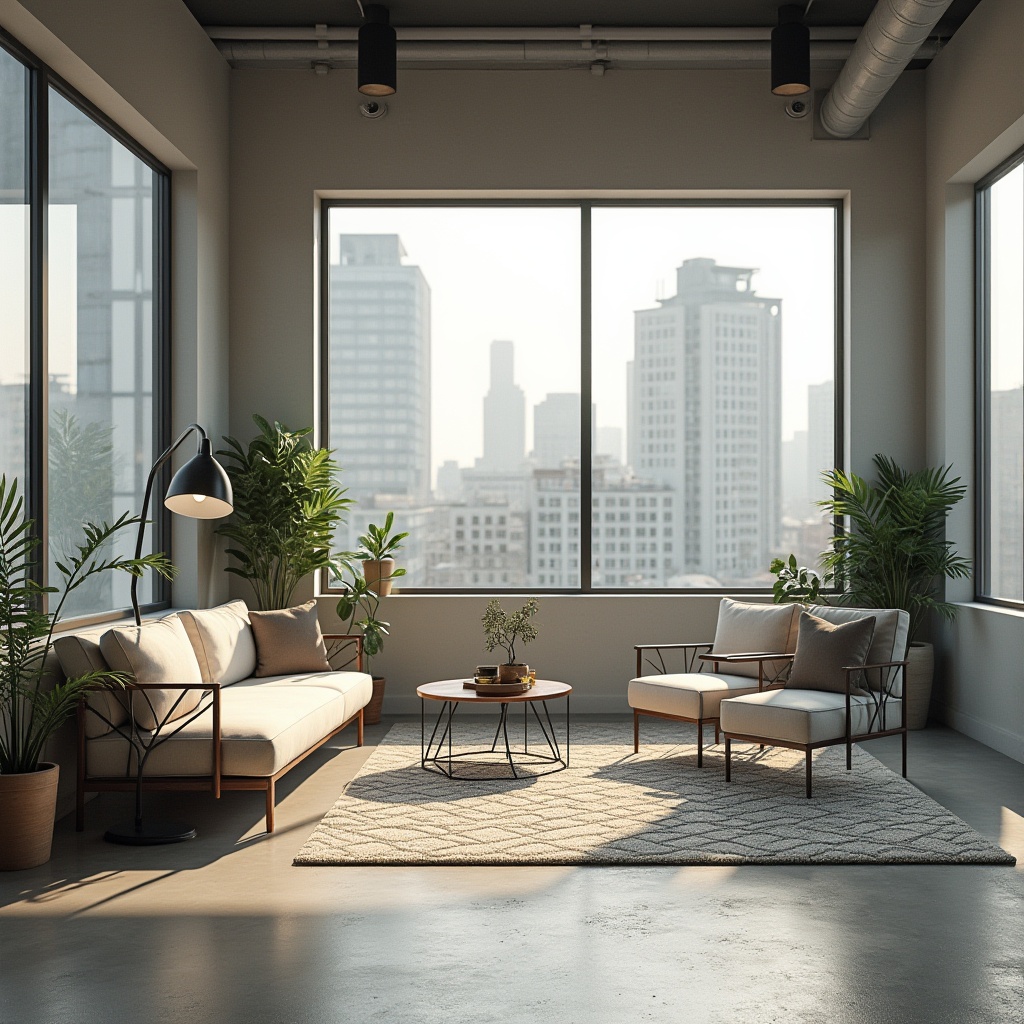 Prompt: Modern minimalist interior, stylish functional space, industrial chic decor, sleek lines, polished concrete floor, geometric patterned rug, low-profile sofa, wooden coffee table, metal floor lamp, potted plants, natural light pouring in through large windows, urban cityscape view, afternoon softbox lighting, 3/4 composition, shallow depth of field.