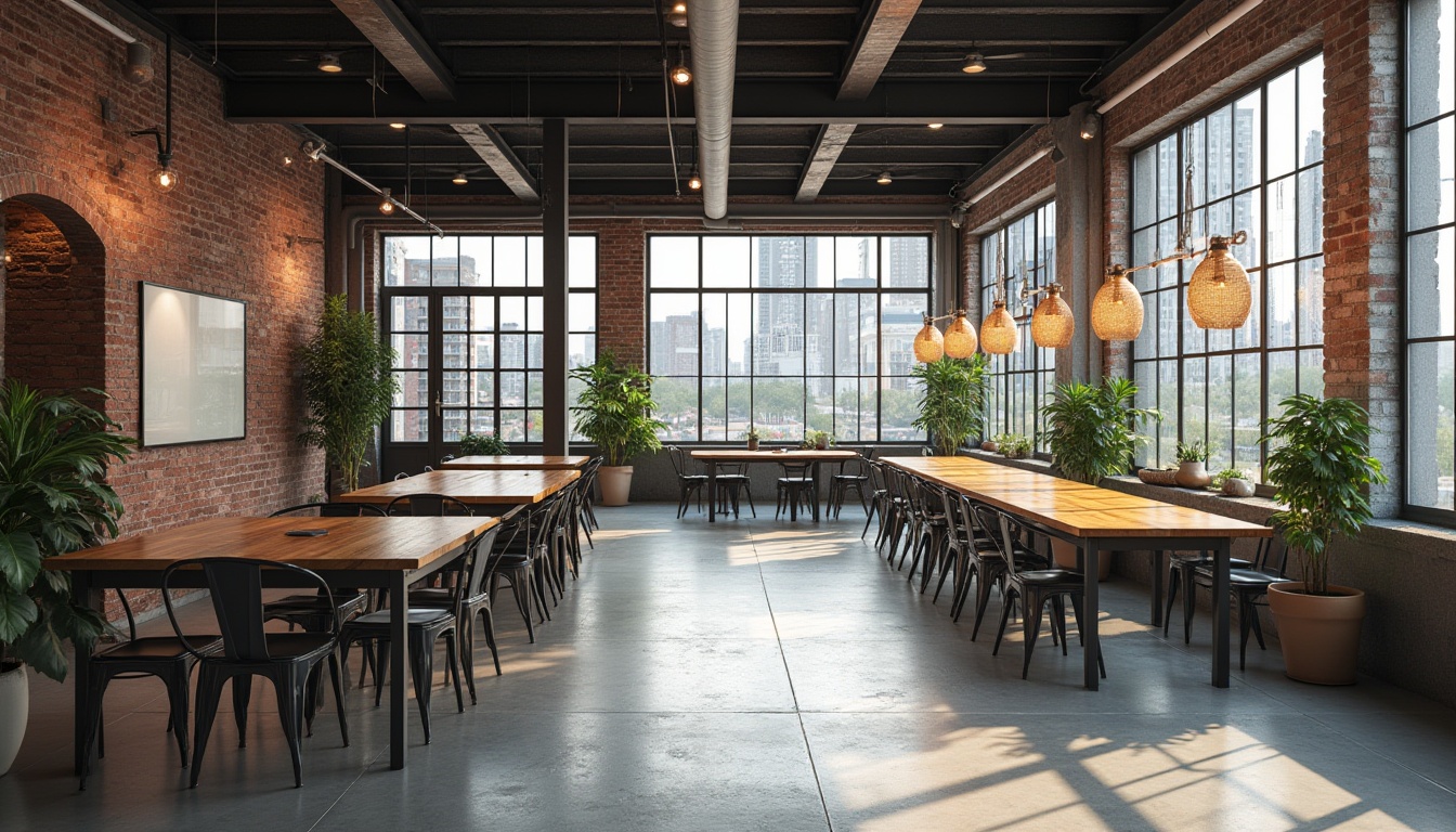 Prompt: Functional industrial space, converted warehouse, modern interior design, minimalist decor, concrete floor, exposed brick wall, metal beams, large windows, natural light, urban atmosphere, busy streets, cityscape background, 3/4 composition, shallow depth of field, softbox lighting, vibrant colors, eclectic furniture, steel chairs, wooden tables, potted plants, industrial lamps, functional layout, collaborative workspace, brainstorming area, presentation zone, cozy reading nook.