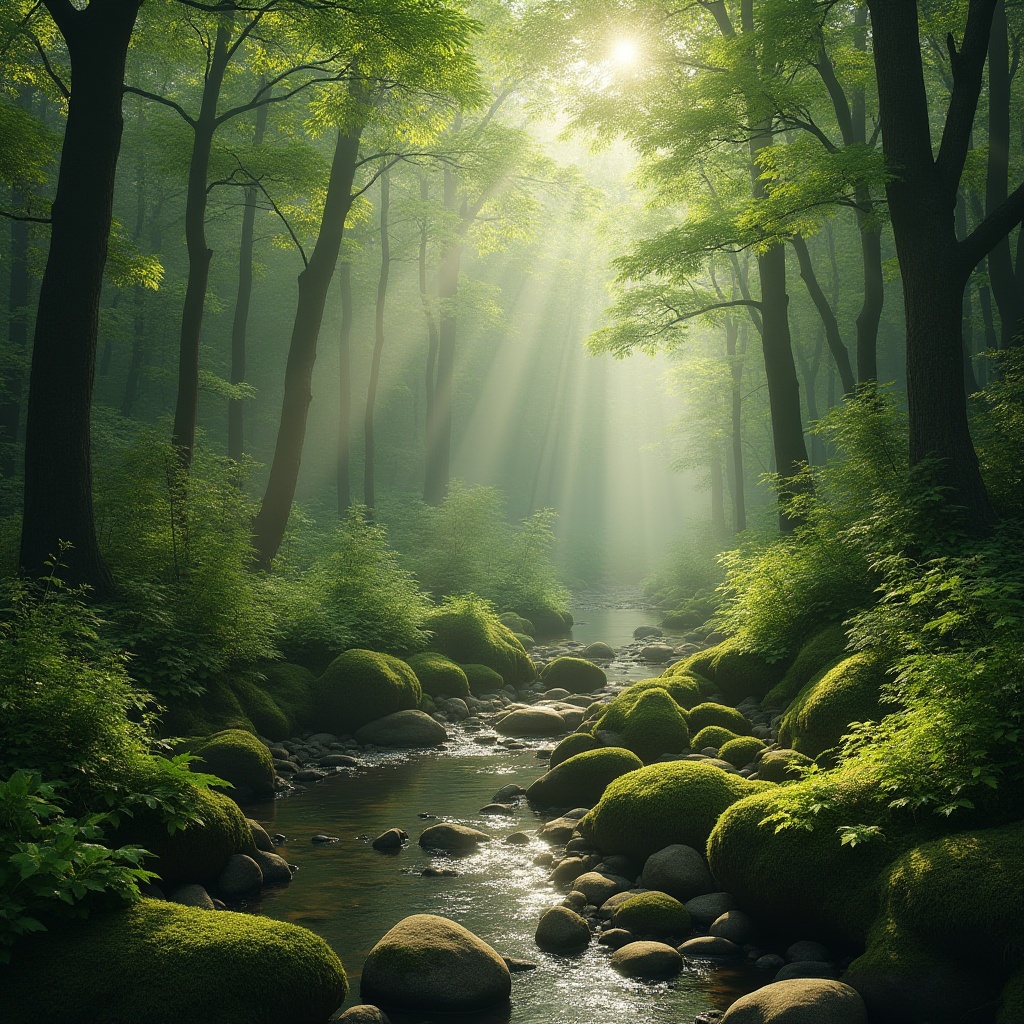 Prompt: Moss green, calming atmosphere, natural scenery, forest floor, dense foliage, misty morning, soft sunlight filtering through trees, moss-covered ancient stones, peaceful water stream, rounded rocks, ferns, wildflowers, gentle slope, serene landscape, warm and soft ambient lighting, 3/4 composition, panoramic view.