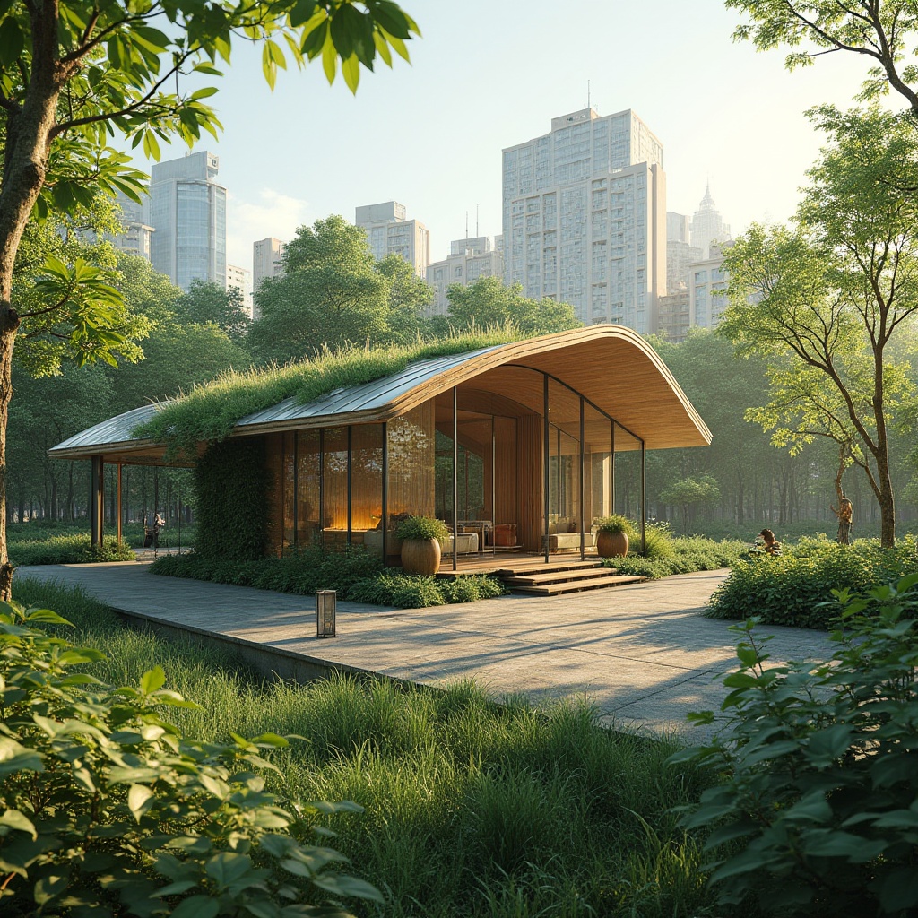 Prompt: Eco-friendly pavilion, futuristic architecture, green roof, solar panels, rainwater harvesting system, recycled materials, natural ventilation, minimal carbon footprint, circular economy concept, zero-waste goal, modern minimalist design, curved lines, glass façade, wooden accents, living walls, lush greenery, urban forest, city park, sunny day, warm natural light, panoramic view, 3/4 composition, soft focus background.