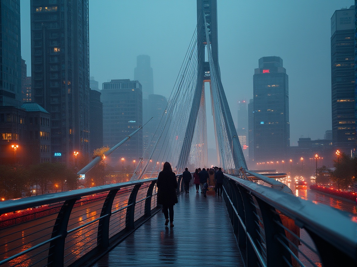 Prompt: Urban pedestrian bridge, modern architecture, sleek metal structure, suspension cables, wooden walkway, cityscape, skyscrapers, busy streets, nighttime lighting, vibrant LED lights, people walking, strolling, chatting, holding hands, romantic atmosphere, misty fog, rain, cloudy sky, beautiful detailed background, depth of field, cinematic composition, HDR, wide-angle lens.