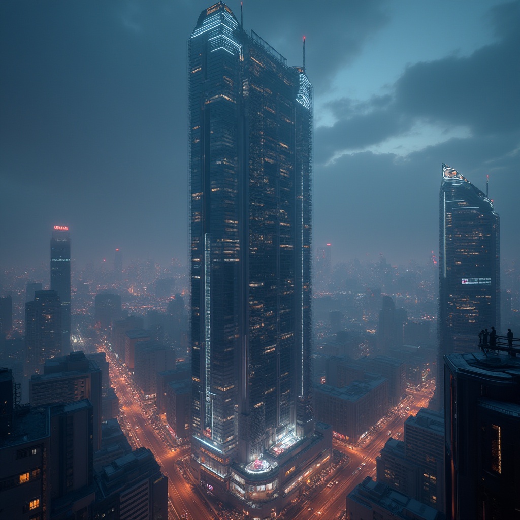 Prompt: Futuristic skyscraper, sleek metallic exterior, neon lights illuminating the night sky, towering high above the cityscape, modern minimalist interior, spacious observation deck, floor-to-ceiling windows, 360-degree panoramic view, glass and steel structure, intricate details, urban jungle, bustling streets, holographic advertisements, retro-futuristic vibes, atmospheric mist, dramatic lighting, cinematic composition.