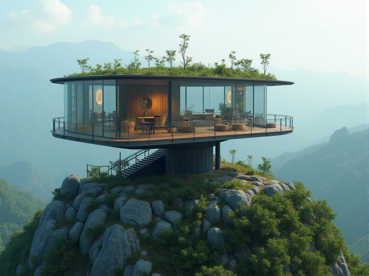 Prompt: Sustainable watching tower, eco-friendly construction, modern architecture, steel frame, glass walls, green roof, solar panels, wind turbines, recycled materials, minimalist interior, natural lighting, open layout, panoramic view, mountainous background, misty atmosphere, cinematic composition, 3/4 shot, ambient light.