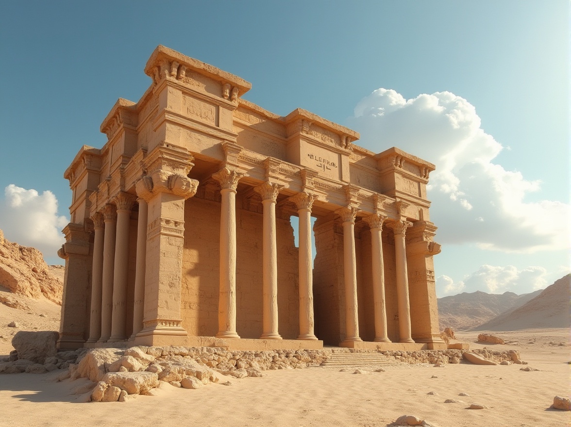 Prompt: Desert monument, ancient ruins, khaki color, stone structure, intricate carvings, majestic pillars, vast sandy dunes, clear blue sky, few puffy white clouds, warm sunlight, low-angle shot, dramatic shadows, rustic texture, weathered surface, monumental scale, symmetrical composition, cinematic lighting.