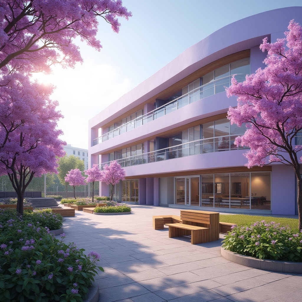 Prompt: Lilac-colored modern school building, sleek curved lines, glass façade, large windows, natural light pouring in, courtyard with lilac bushes, vibrant purple flowers blooming, lush greenery, outdoor seating area, wooden benches, stone pathways, warm afternoon sunlight, soft shadows, 3/4 composition, shallow depth of field, beautiful bokeh, cinematic lighting, panoramic view, educational atmosphere.