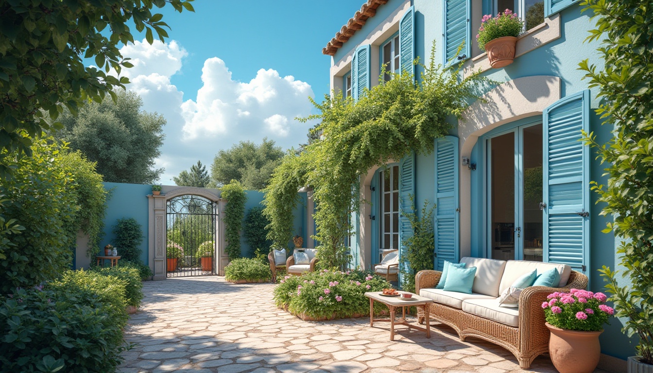 Prompt: Periwinkle-colored villa, Mediterranean style, warm sunny day, clear blue sky, white puffy clouds, lush greenery, vines crawling up walls, blooming flowers in pots, ornate iron gates, inviting pathway leading to entrance, large windows with white shutters, cozy balcony with wicker furniture, soft cushions in periwinkle and cream hues, gentle wind rustling leaves, warm ambient lighting, 3/4 composition, shallow depth of field, HDR.