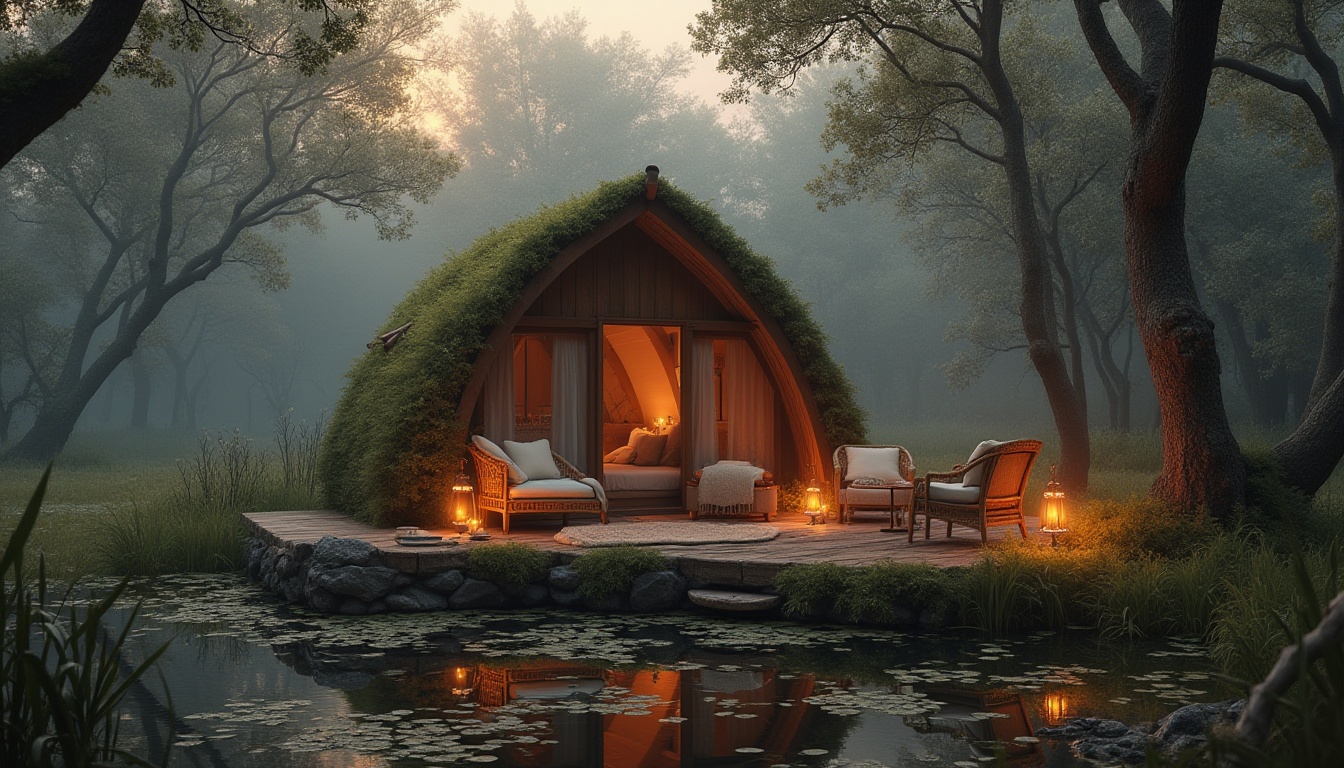 Prompt: Cozy cabin, wooden dock, misty wetland environment, moss-covered trees, vintage lanterns, warm candlelight, soft blankets, plush pillows, woven wicker furniture, natural textiles, earthy tones, serene atmosphere, foggy morning, golden hour lighting, shallow water reflections, lily pads, cattails, rustic wood accents, stone pathways, seagrass, driftwood, peaceful ambiance, 3/4 composition, soft focus, warm color palette.