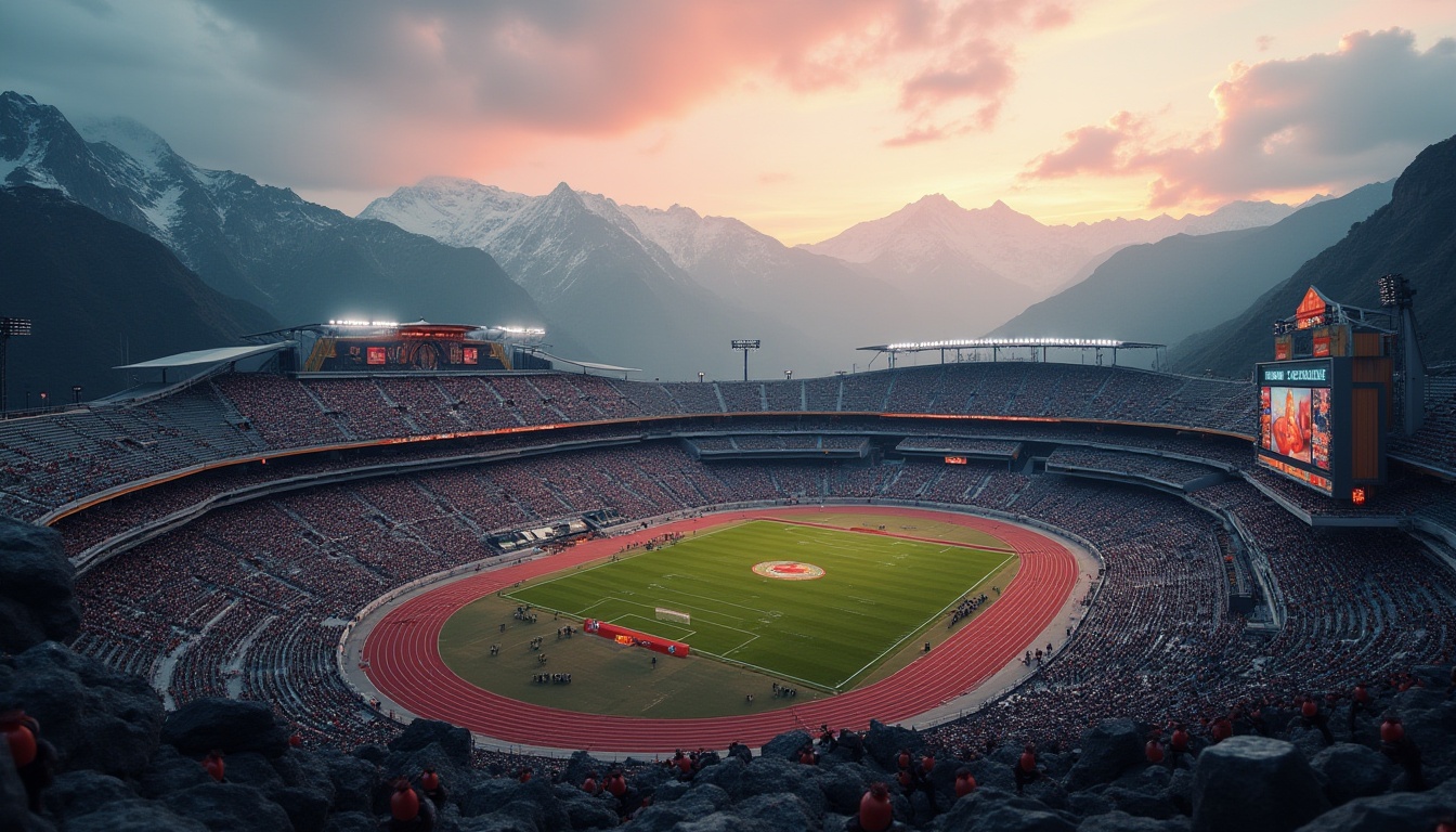 Prompt: Plateau stadium, grandstand, seating area, football field, athletic track, high-altitude, rugged terrain, mountainous landscape, unique architecture, futuristic design, metallic structure, glass facade, floodlights, scoreboard, giant video screen, evening game, sunset glow, misty atmosphere, distant snow-capped peaks, panoramic view, 3/4 composition, soft warm lighting, ambient occlusion.