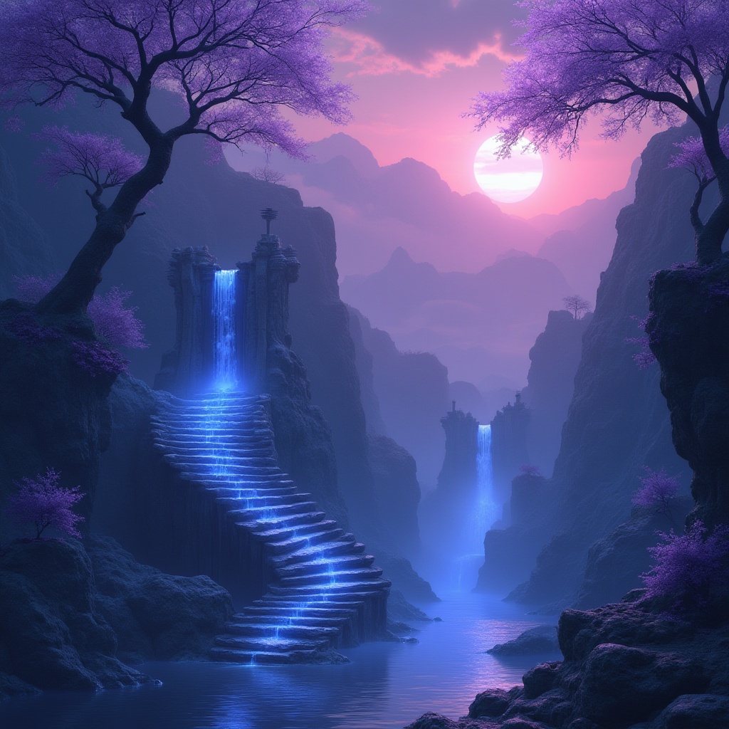 Prompt: Fantasy landscape, misty mountains, blue violet sunset, glowing mist, mystical aura, towering trees with glowing violet leaves, sparkling blue waterfalls, winding staircase, grandiose architecture, intricate stone carvings, shimmering blue fabric draping, regal violet throne, soft focus, warm lighting, cinematic composition, 3/4 view, atmospheric perspective.