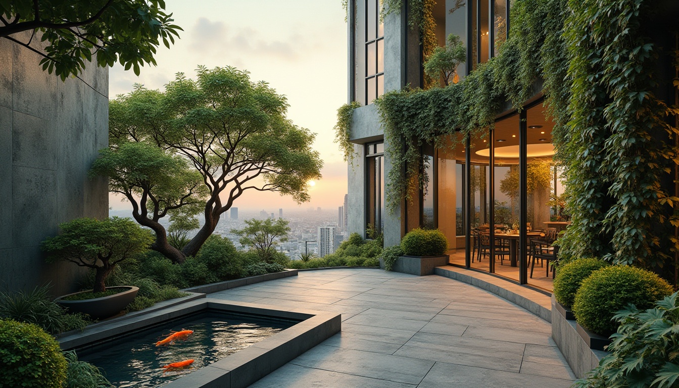 Prompt: Urban oasis, minimalistic skyscraper, rooftop garden, lush greenery, vines crawling up walls, modern architecture, sleek lines, neutral tones, concrete floors, floor-to-ceiling windows, panoramic city view, subtle natural light, warm sunset ambiance, potted plants, bonsai trees, water feature, small pond, koi fish swimming, serene atmosphere, 3/4 composition, shallow depth of field, cinematic lighting, warm color palette.