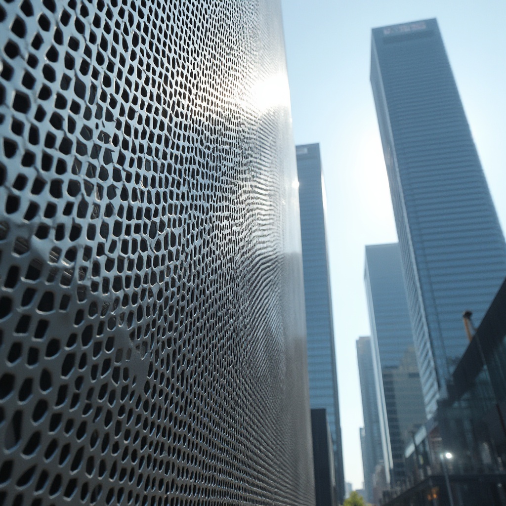 Prompt: Industrial design, modern architecture, perforated metal facade, silver-gray color, geometric patterns, hexagonal holes, metallic sheen, reflective surface, urban cityscape, skyscraper background, sunny day, contrast lighting, 3/4 composition, shallow depth of field, dramatic shadows, futuristic atmosphere.