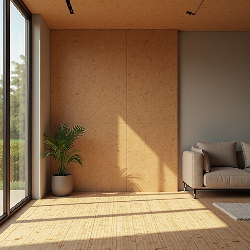 Prompt: Cork material, interior design, modern style, minimalist decor, living room, floor, wall, ceiling, natural texture, earthy tone, warm atmosphere, cozy ambiance, soft lighting, 3/4 composition, depth of field, realistic rendering, ambient Occlusion.