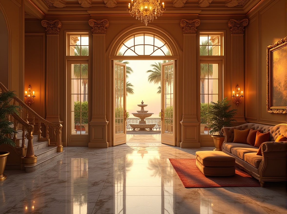 Prompt: Luxury villa, golden accents, intricate ornate details, grand entrance, double doors, marble flooring, high ceilings, chandelier, staircase with gold railings, warm ambient lighting, sunset view, Mediterranean style, palm trees, private courtyard, fountain, water feature, luxurious furniture, velvet upholstery, golden frame, abstract artwork, warm color palette, 3/4 composition, cinematic angle, soft focus, shallow depth of field.