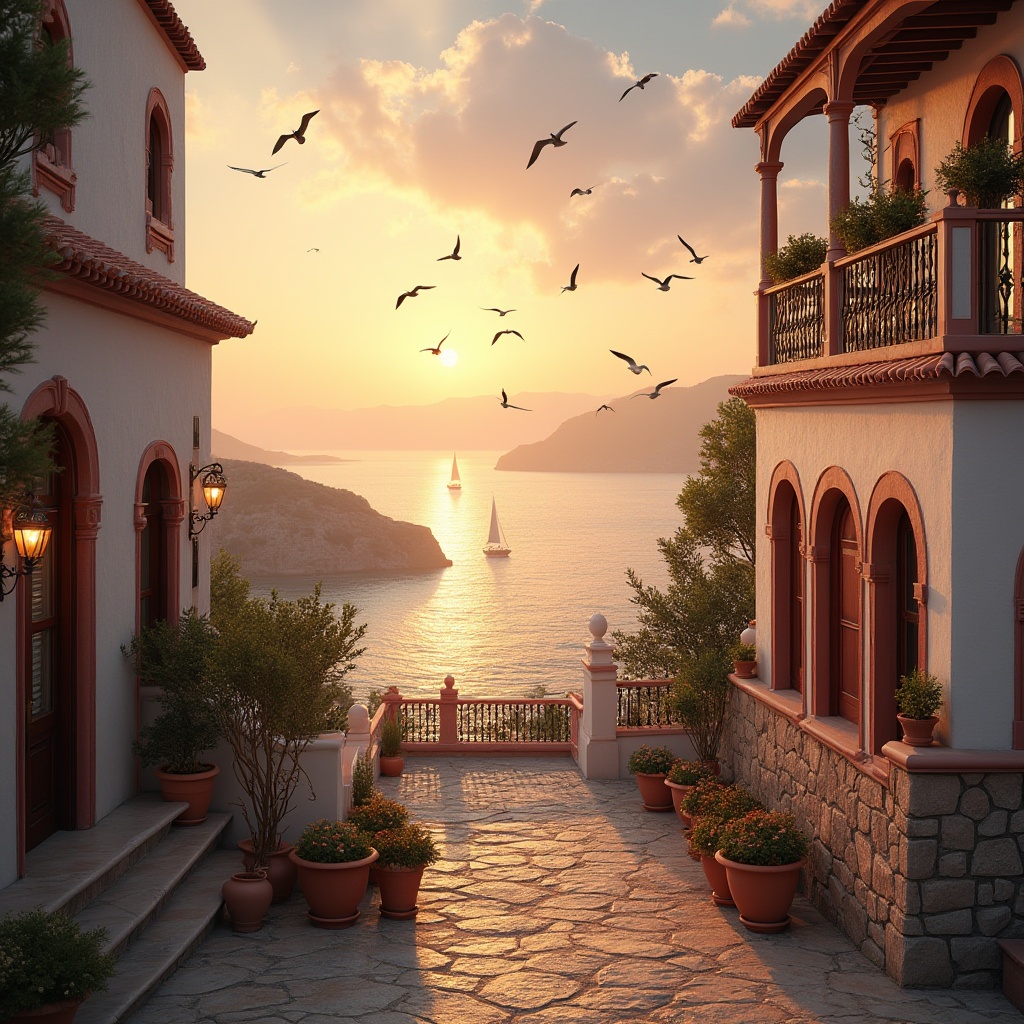 Prompt: Coastal villa, Mediterranean seaside, warm sunset, burgundy accents, terracotta roof tiles, white stucco walls, ornate iron railings, lavish drapery, soft ocean breeze, seagulls flying overhead, distant sailboats, serene atmosphere, 3/4 composition, low-angle shot, warm golden lighting, depth of field, cinematic feel.