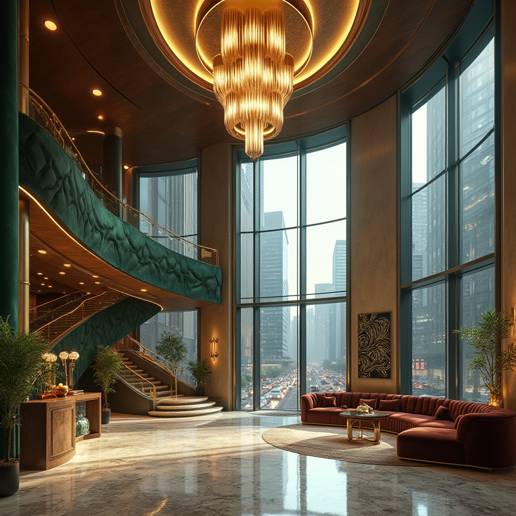 Prompt: Luxury hotel lobby, eclectic hospitality architecture, modern urban influences, grand high ceiling, marble floor, futuristic chandelier, lavish green walls, sleek metal columns, elegant curved staircase, luxurious furniture, velvet sofas, golden accents, abstract art pieces, cityscape views, floor-to-ceiling windows, bustling street scene, skyscrapers, urban jungle, warm ambient lighting, cinematic composition, 3/4 view.