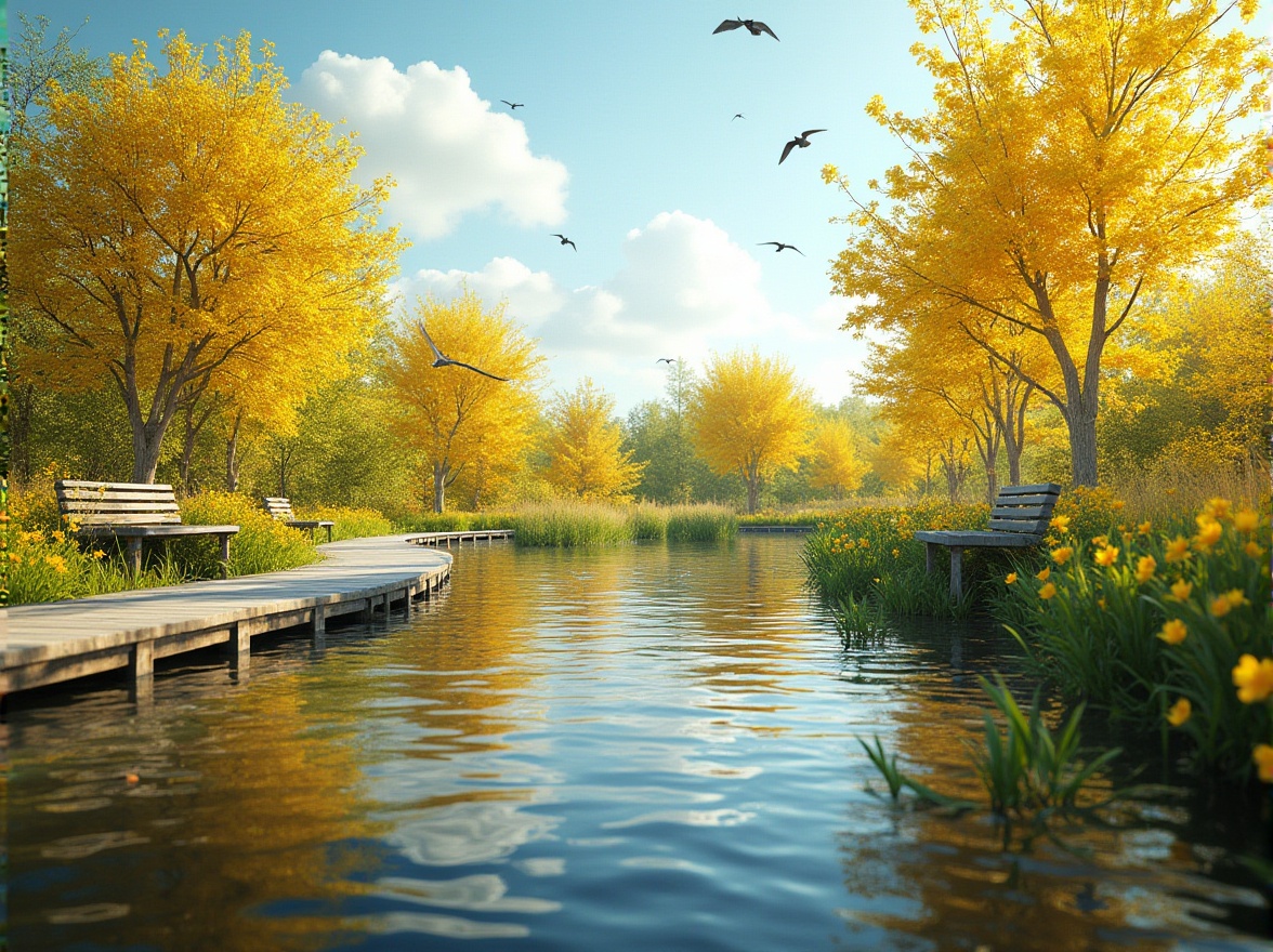 Prompt: Vibrant yellow, wetland scenery, sunny day, bright reflections on calm water, lush green vegetation, exotic flowers blooming, winding wooden boardwalk, shallow water, rippled surface, few birds flying overhead, rustic wooden benches, natural habitat, warm soft lighting, 3/4 composition, panoramic view.