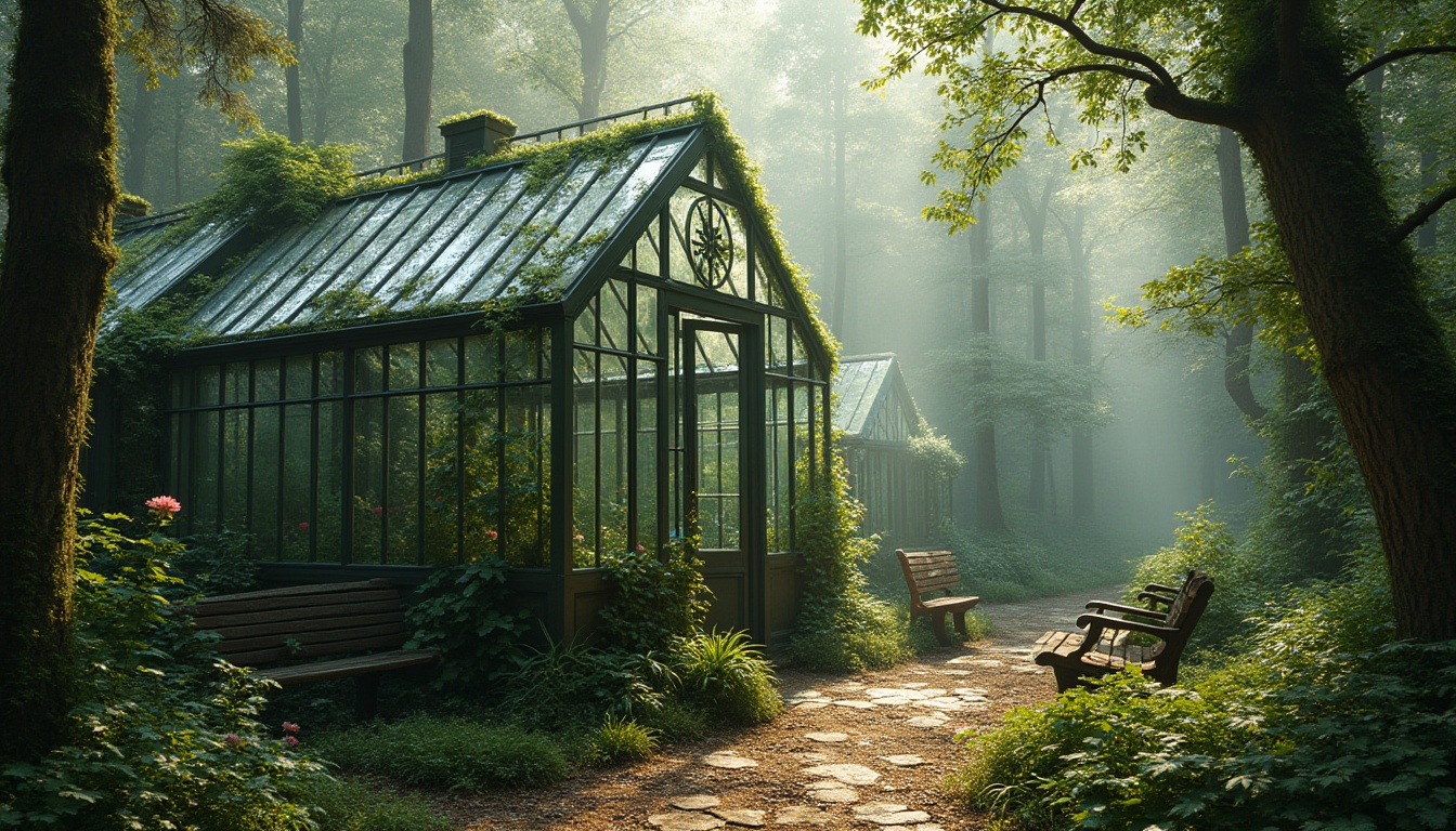 Prompt: Transparent glass greenhouses, lush forest landscapes, surrounded by tall trees, vines crawling up walls, misty atmosphere, warm soft light filtering through leaves, wooden paths leading to entrance, intricate metal framework, ivy-covered roofs, natural blend with surroundings, serene ambiance, 3/4 composition, shallow depth of field, rustic wooden benches nearby, overgrown flowers around bases, morning dew on leaves, gentle breeze rustling trees.