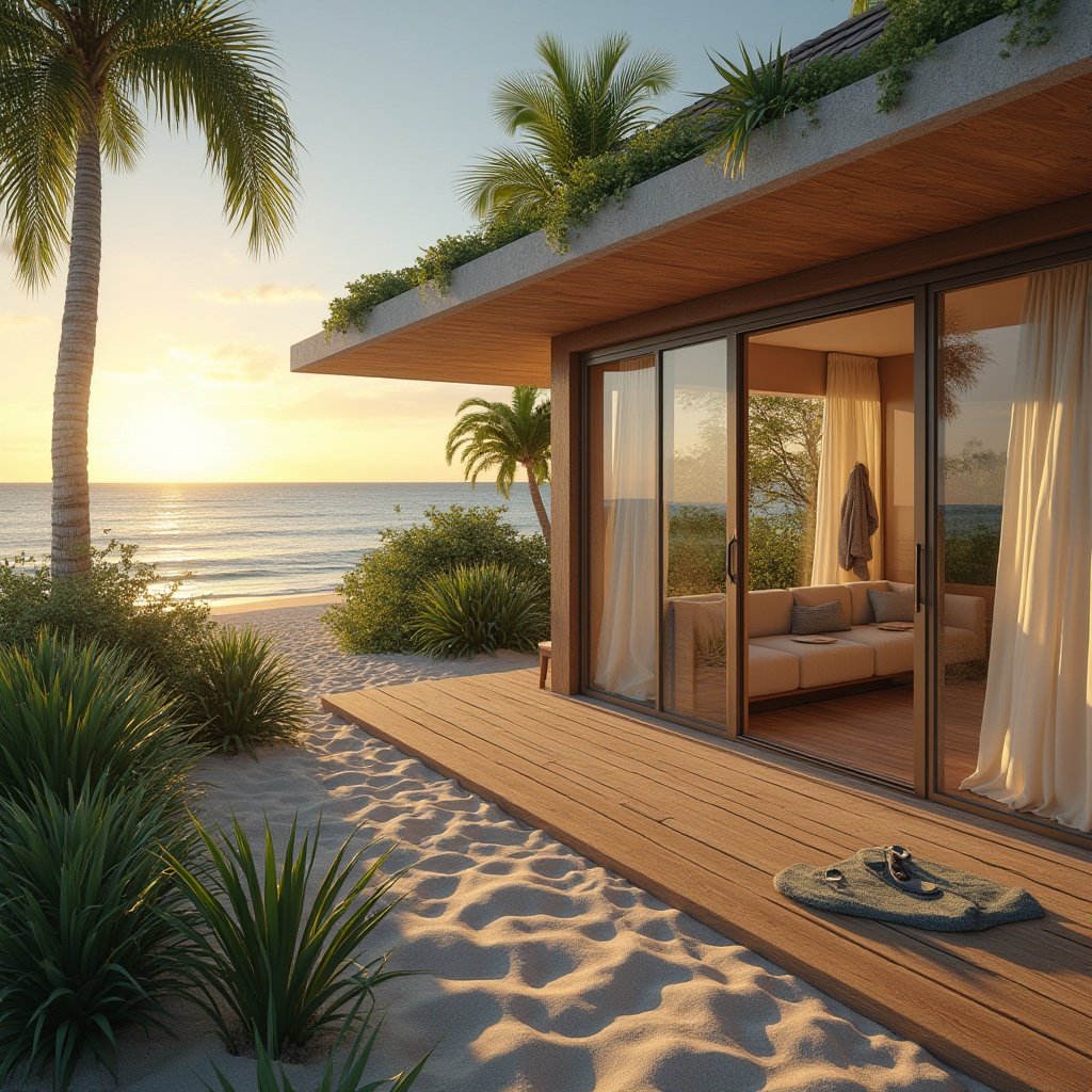 Prompt: Eco-friendly beach villa, modern minimalist design, large windows, sliding glass doors, natural ventilation, solar panels, green roof, recycled materials, wooden deck, outdoor shower, beach towels, flip flops, palm trees, coastal plants, sandy dunes, serene ocean view, warm sunset light, soft focus, 3/4 composition, shallow depth of field.