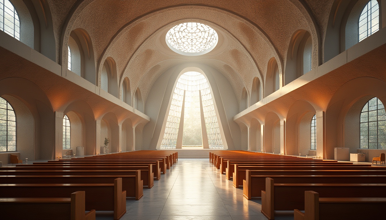 Prompt: Modern church interior, perforated metal ceiling, intricate patterns, natural light filtering through, warm ambiance, wooden pews, polished floor, stained glass windows, minimalist decor, subtle textures, abstract shapes, futuristic feel, high-angle shot, dramatic lighting, soft shadows, 3/4 composition, architectural details, grandeur, serenity, calm atmosphere.