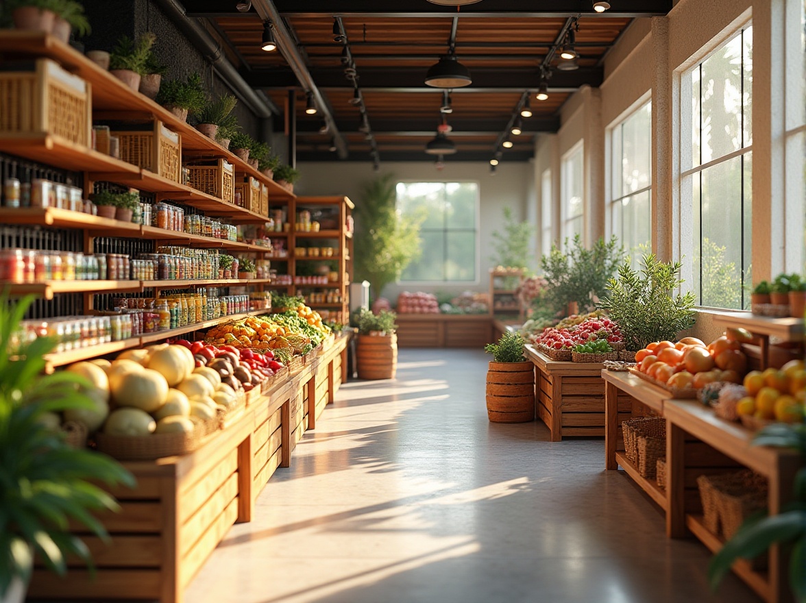 Prompt: Modern grocery store interior design, fabric materials, cotton texture, polyester blends, wooden shelves, metal racks, baskets with woven patterns, glass containers, colorful product packaging, fresh produce stands, floral arrangements, softbox lighting, 3/4 composition, warm ambient light, shallow depth of field, realistic rendering, vibrant colors, bustling atmosphere, morning sunlight, slight reflections on polished floor.