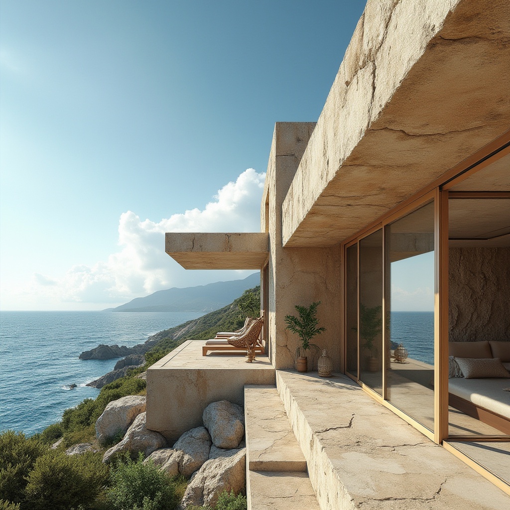 Prompt: Coastal architecture, modern villa, sandstone exterior walls, natural texture, beige color, rough surface, ocean view, large windows, sliding glass doors, minimalist interior design, wooden furniture, plants on balcony, sea breeze, sunny day, blue sky, few puffy white clouds, dramatic lighting, wide-angle shot, 3/4 composition.