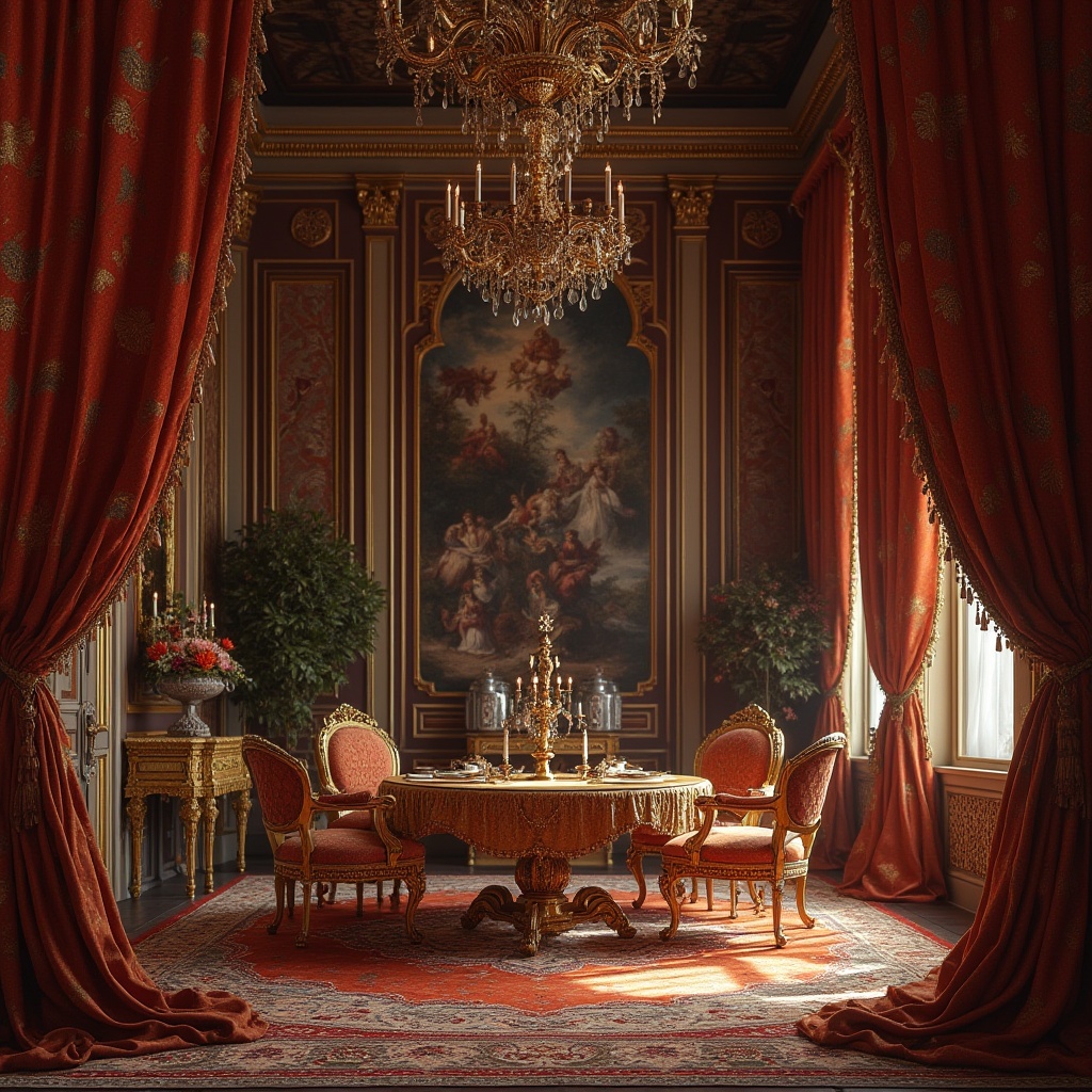 Prompt: Luxurious, opulent fabrics, Baroque style, intricate patterns, gold thread embroidery, soft silk texture, ornate designs, rich jewel tones, velvet drapes, tassel trim, regal atmosphere, grand chandeliers, lavish furnishings, Renaissance-inspired, dramatic lighting, warm color palette, intimate setting, mysterious ambiance, 18th century European palace interior.