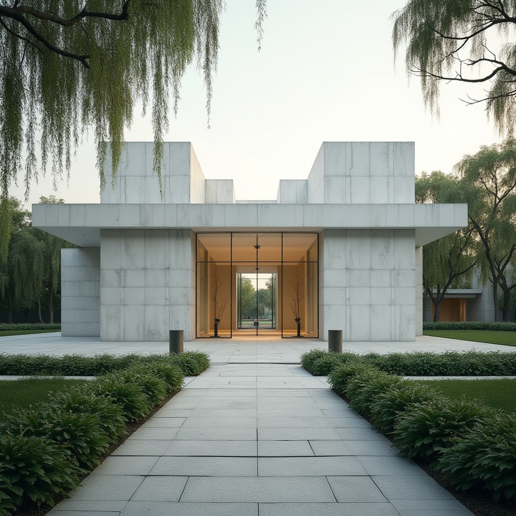 Prompt: Memorial center, Bauhaus style, modern architecture, white concrete walls, large glass windows, minimalist decor, clean lines, geometric shapes, solemn atmosphere, memorial garden, greenery surroundings, weeping trees, stone pathways, subtle lighting, afternoon sun, dramatic shadows, 3/4 composition, low-angle shot, cinematic mood, elegant simplicity.